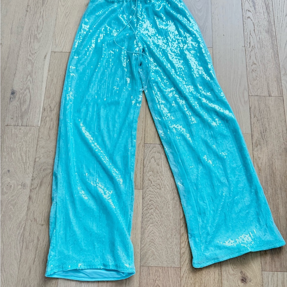 Sequined Turquoise Wide Leg Pants